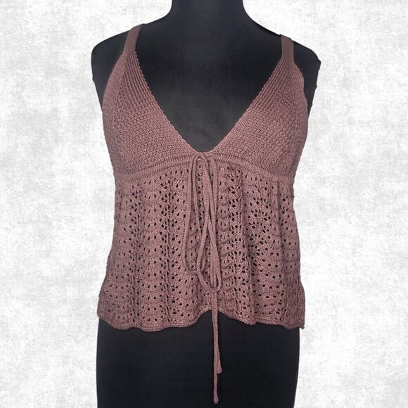 Plus Size 2XL Brown Crochet Tank Top – Boho Festival Knit Cami with Tie Front - Picture 5 of 8